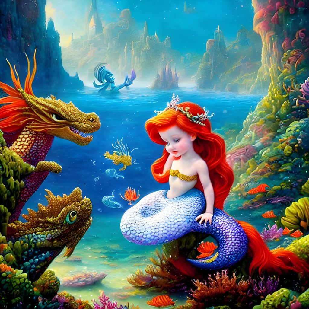 Colorful Underwater Fantasy Scene with Mermaid, Coral, Fish, and Dragons