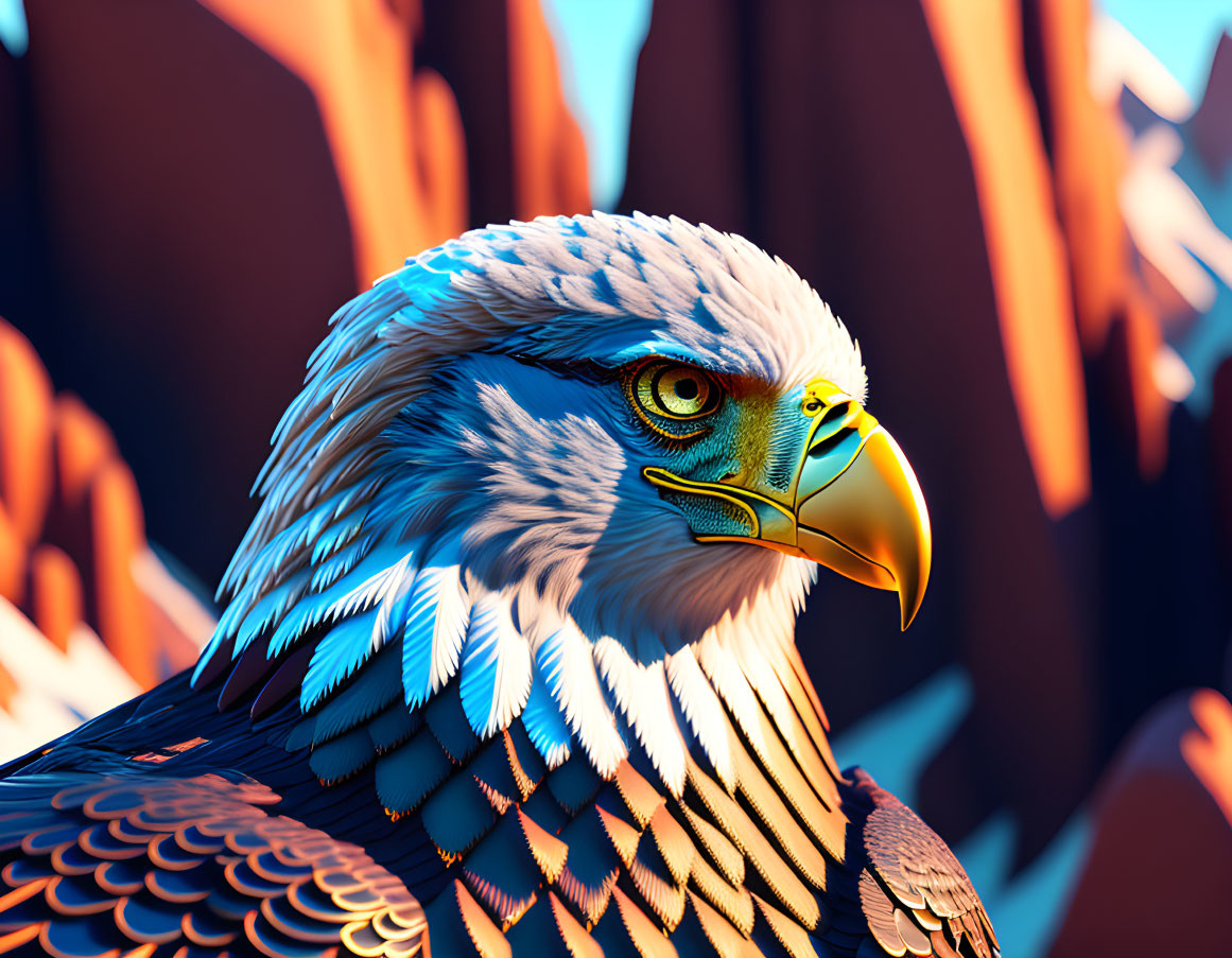 Detailed CGI bald eagle against rocky backdrop in warm light