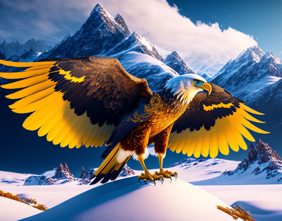 Majestic eagle with spread wings perched on snowy ridge amidst sunlit mountain peaks