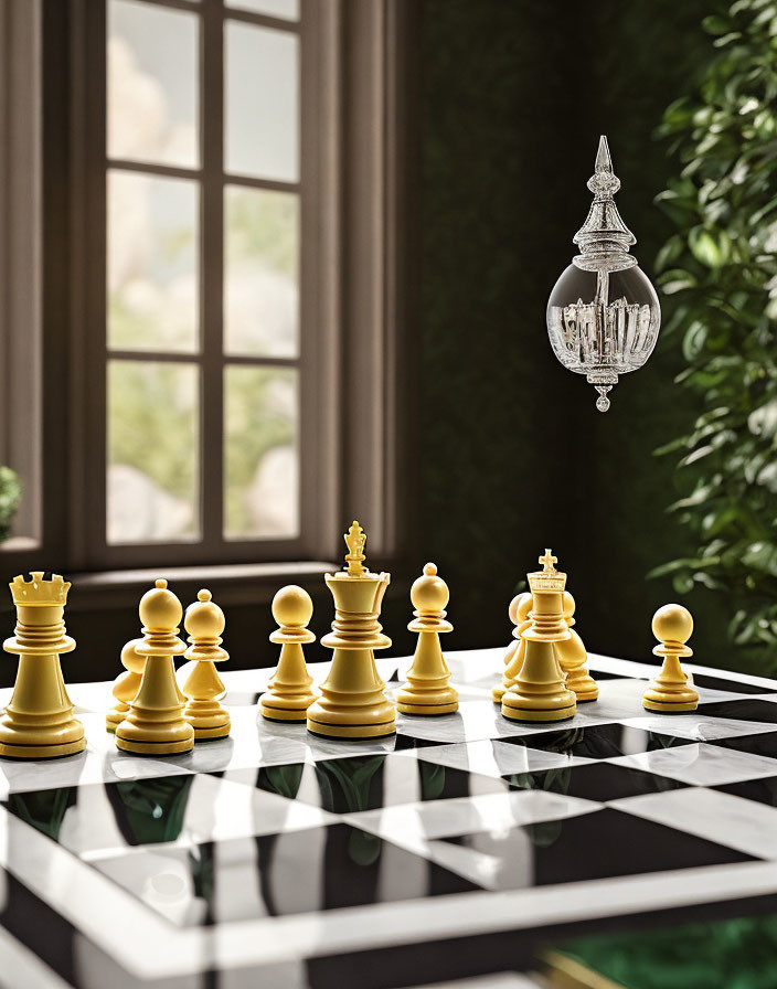 Chessboard by Window with Starting Position Pieces and Chandelier Above