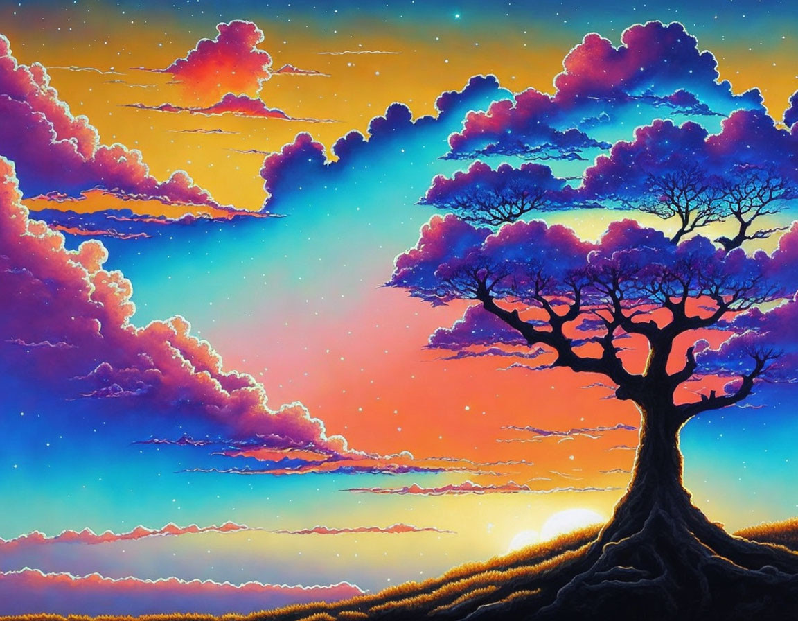 Colorful sunset sky with solitary tree on hill