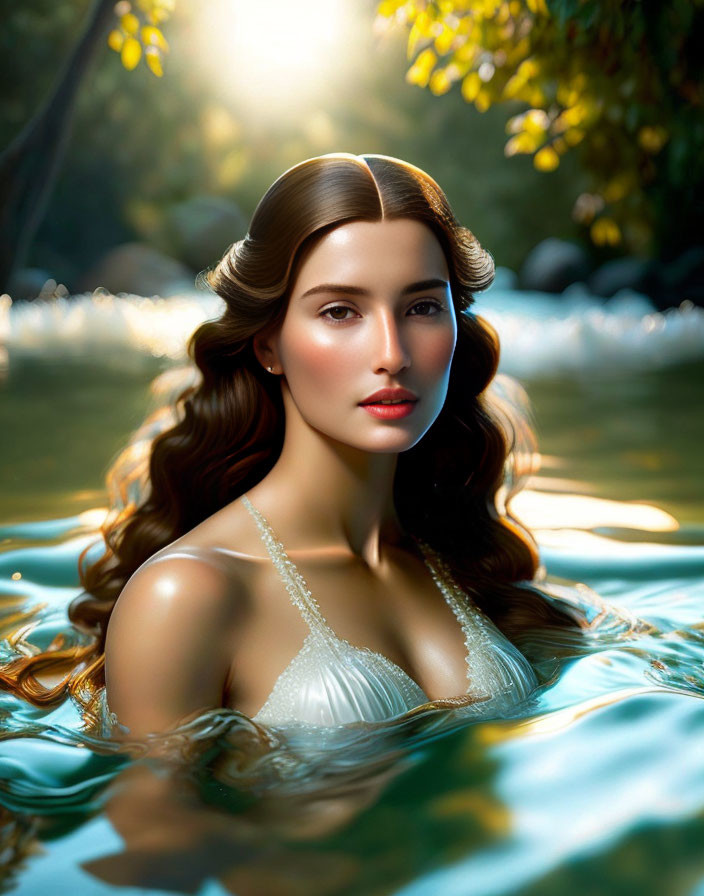 Woman with Wavy Hair and Elegant Makeup Immersed in Water