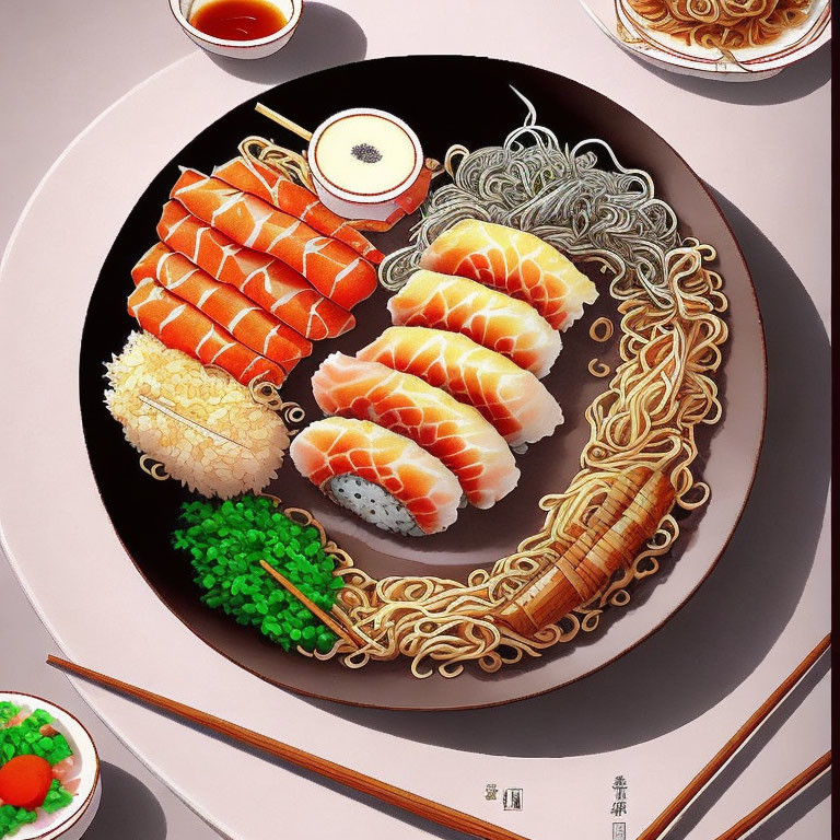 Assorted sushi and noodles on black plate with side dishes, pink background