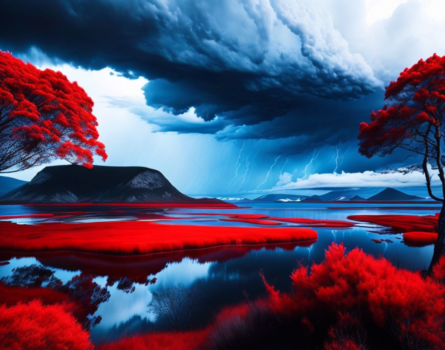 Vibrant landscape with red foliage, dark blue waters, mountain backdrop, dramatic sky with lightning