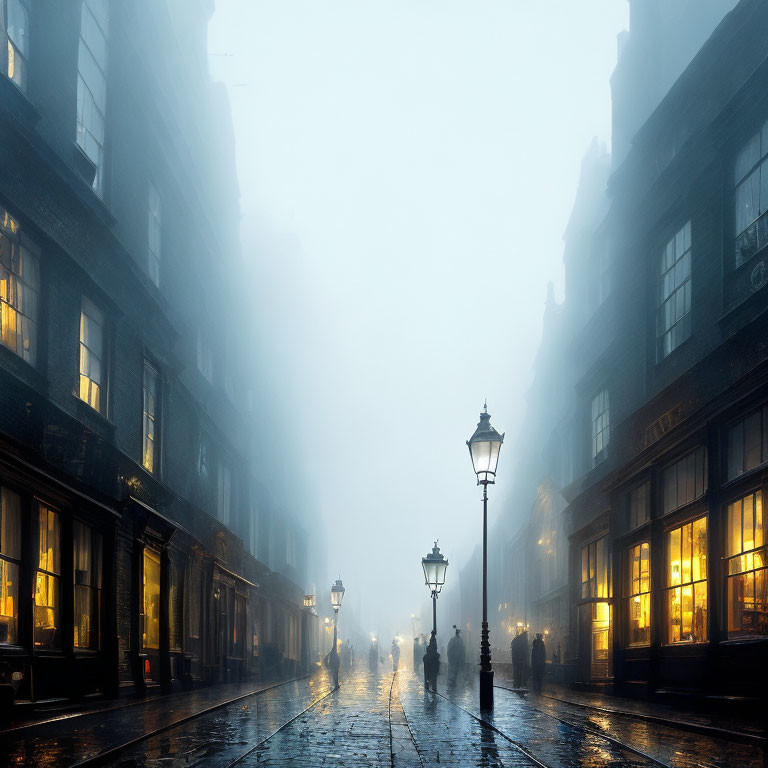 Misty urban street scene at dusk with illuminated lamps and silhouettes.