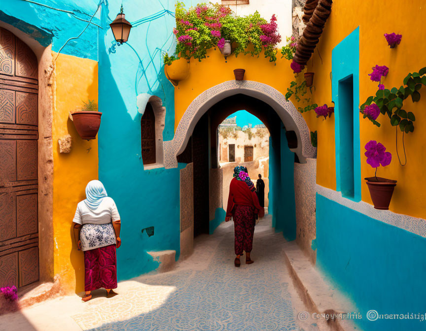 Traditional alley scene with blue walls, hanging lanterns, potted flowers, and two people walking.