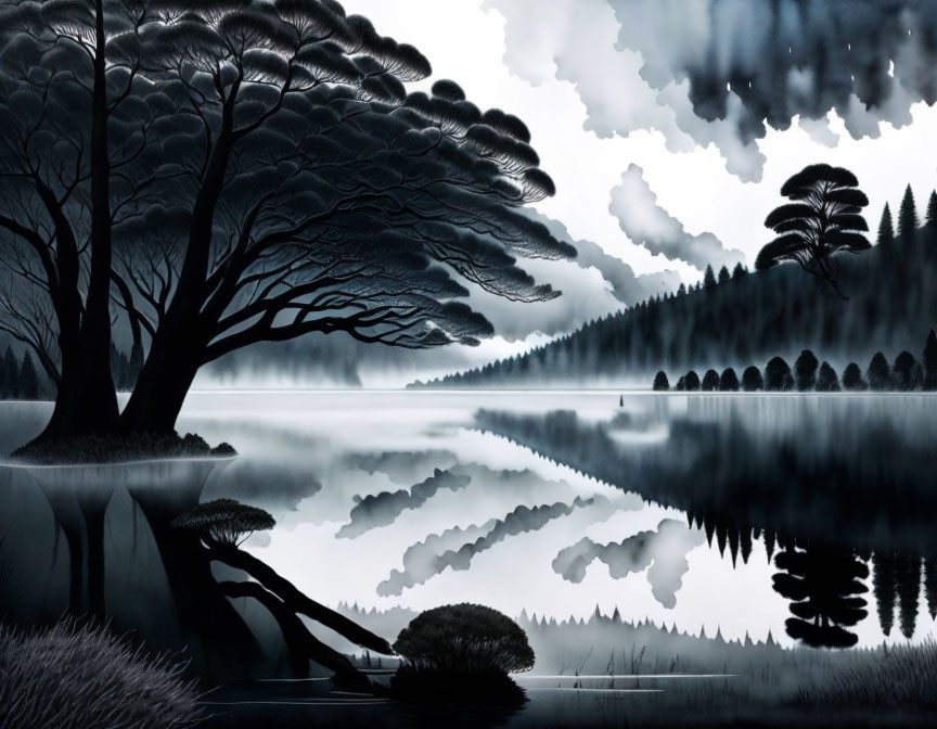 Serene monochromatic landscape with silhouetted trees, reflective lake, mist, and clouds