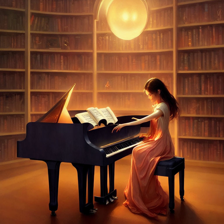 Woman in orange dress playing grand piano in cozy library room full of books