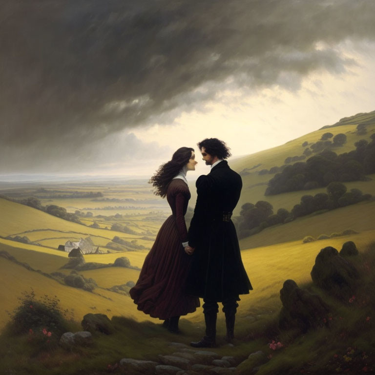 Couple in pastoral landscape under dark sky