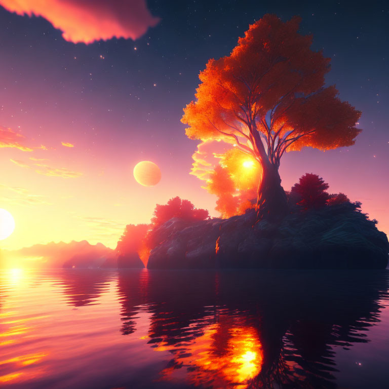 Colorful sunset over vibrant tree on islet with dual suns in sky