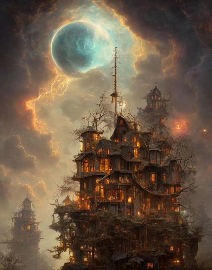 Fantastical treehouse with glowing windows under large moon and lightning.