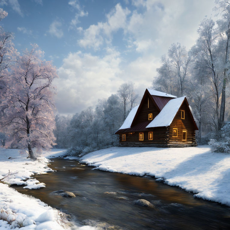 Snowy Landscape: Cozy Wooden Cabin by Stream, Frost-Covered Trees