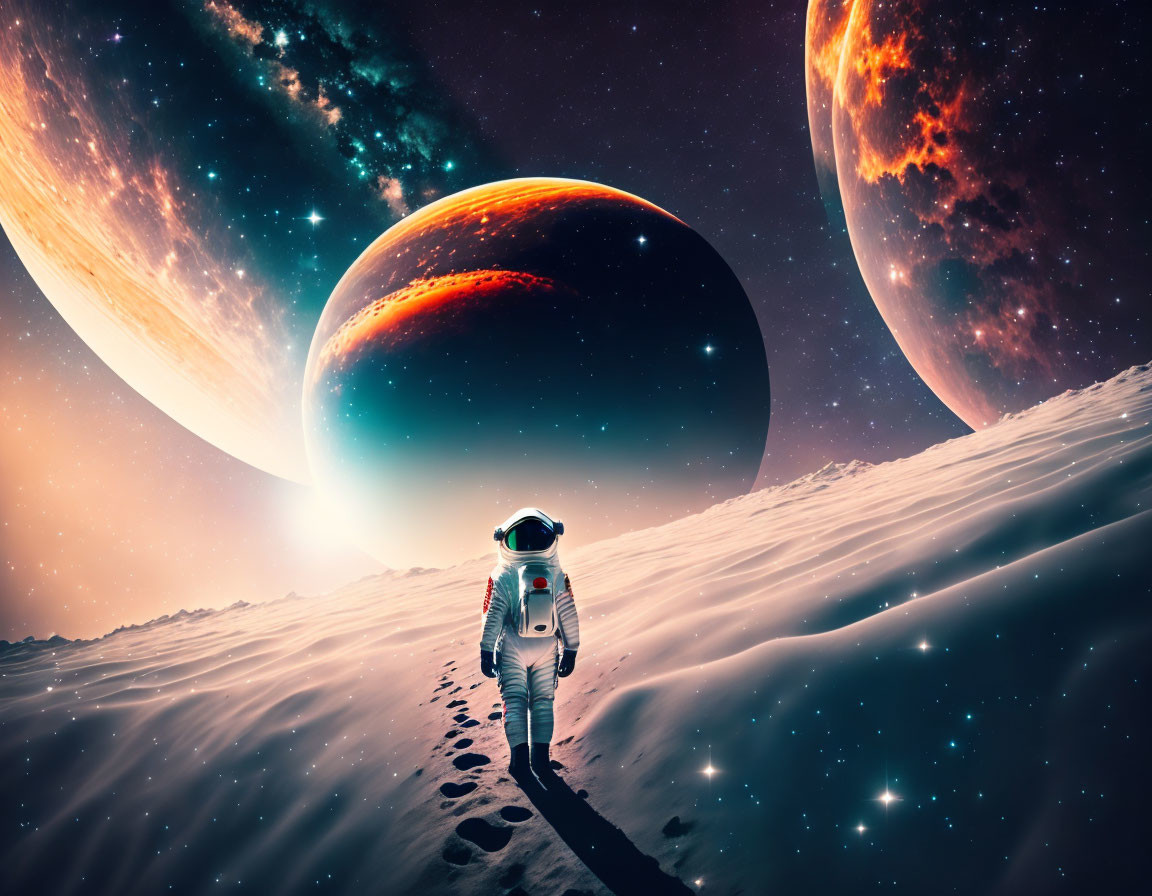 Astronaut on barren alien landscape with large planets in sky