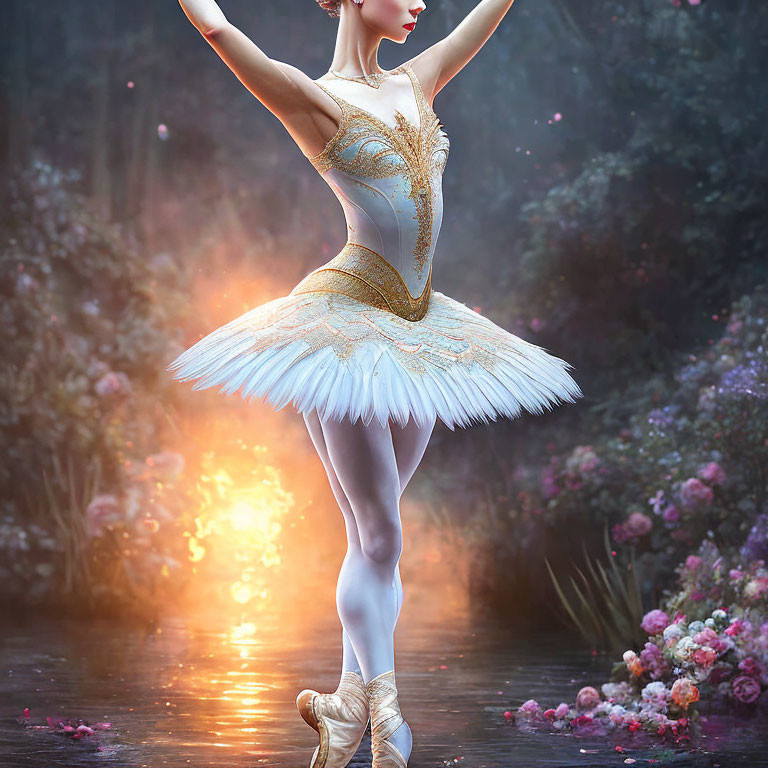 Elegant Ballerina in White and Gold Tutu in Enchanted Forest