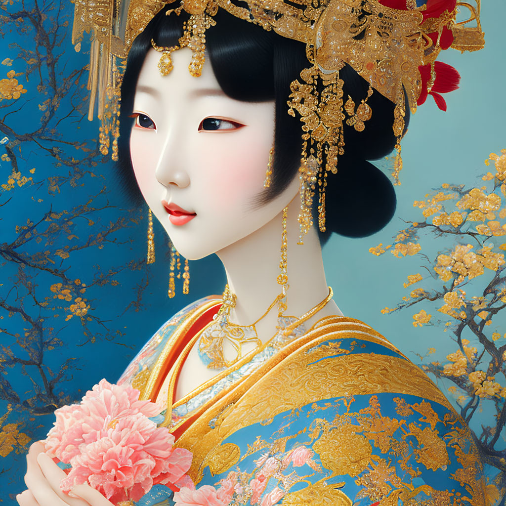 Detailed illustration of woman in traditional Asian attire with golden headpieces, holding pink flower on blue background.