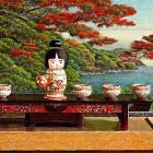 Illustration of Kokeshi Doll with Tea Set in Autumn Setting