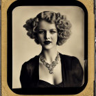 Portrait of woman with flower-adorned hair and ornate necklace in vintage style