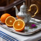 Silver ornate teapot with whole and sliced oranges on tray - vibrant citrus contrast