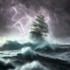 Tall ship sailing turbulent seas in stormy weather