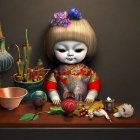 Digital art: Doll with large eyes in red kimono and blue flowers
