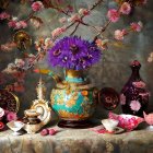 Ornate tea set with turquoise vase, purple flowers, cherry blossoms, and strawberries on reflective