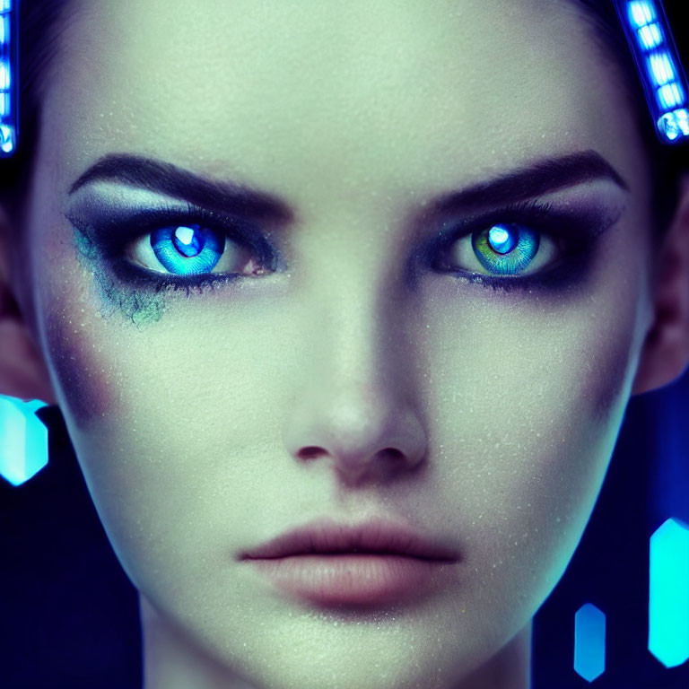 Close-up of woman with striking blue eyes and dark eyeshadow illuminated by neon lights