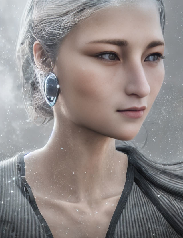 Pale-skinned woman with striking earrings in snowy portrait.