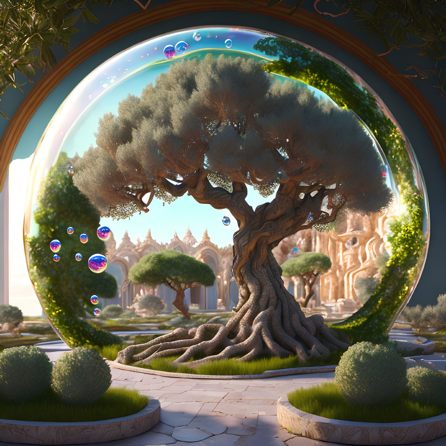 Oversized bonsai tree under dome with soap bubbles and fantasy castle