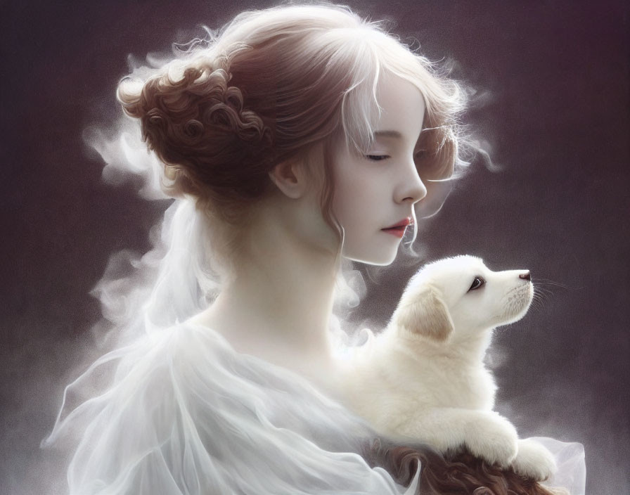 Young girl with whimsical hairstyle cradles white puppy in misty backdrop