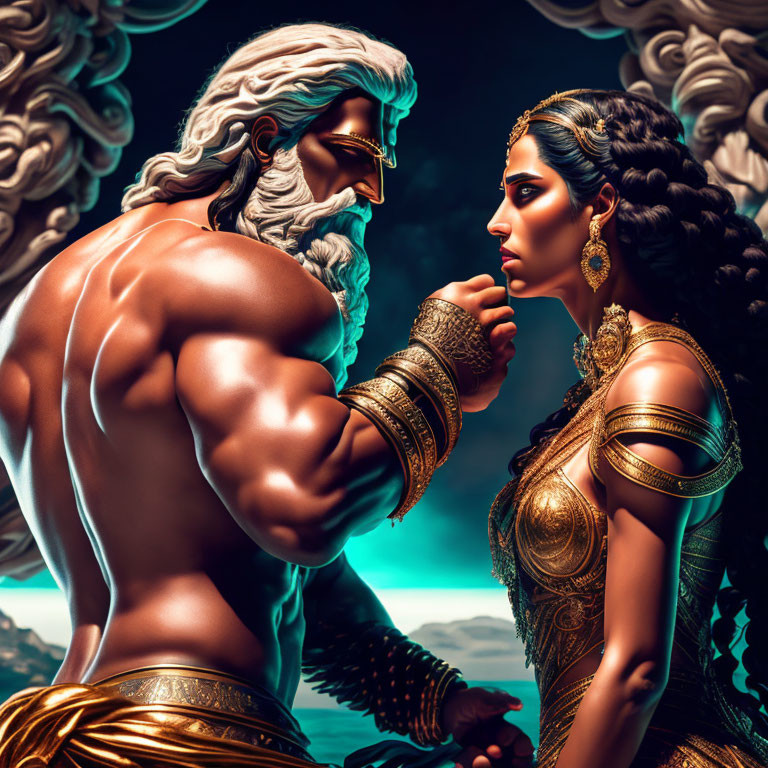 Muscular man and adorned woman in mythological attire under dramatic sky