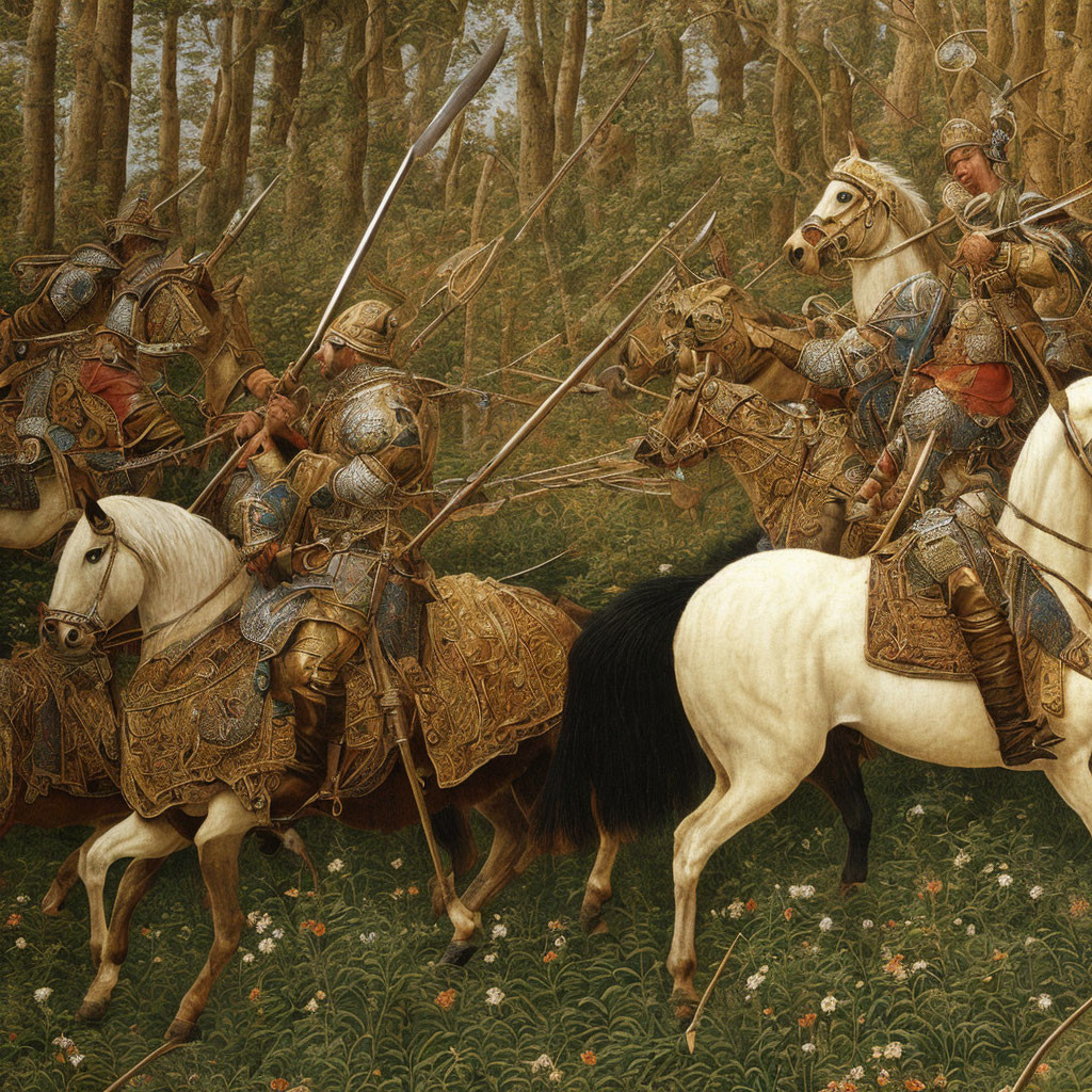 Detailed painting: Armored knights on horseback with lances in lush forest.