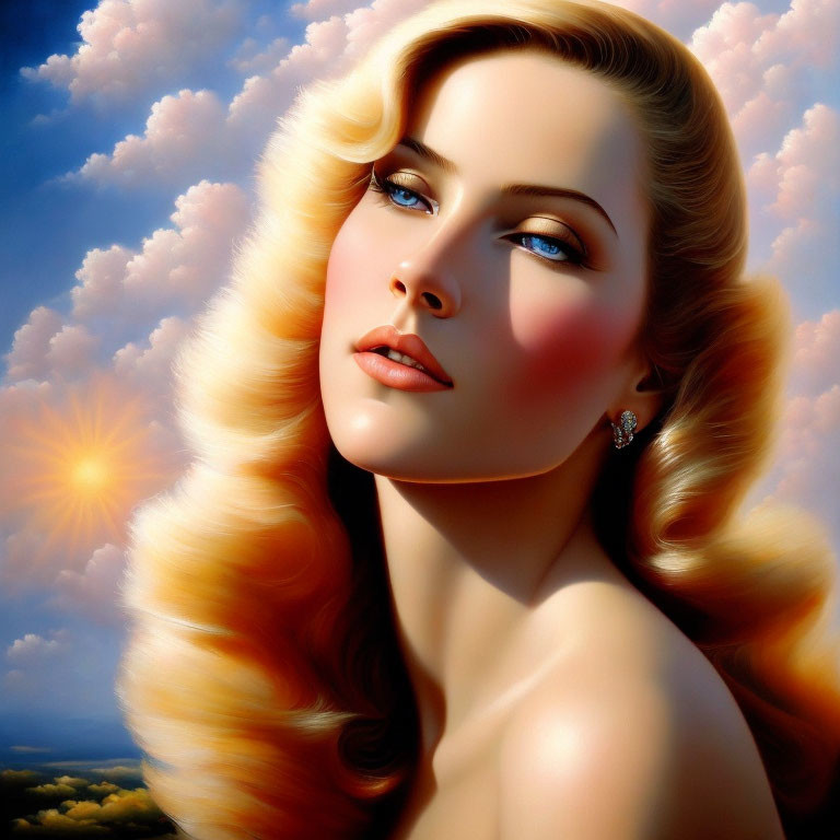 Blonde woman portrait with blue eyes and red lips against cloudy sky and sun