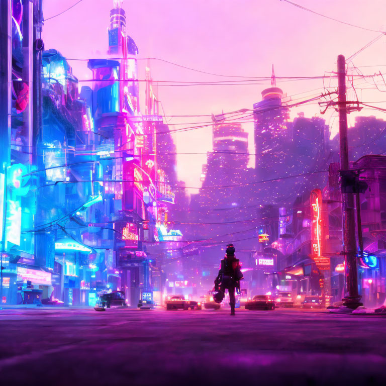 Futuristic city street scene at dusk with neon lights and skyscrapers