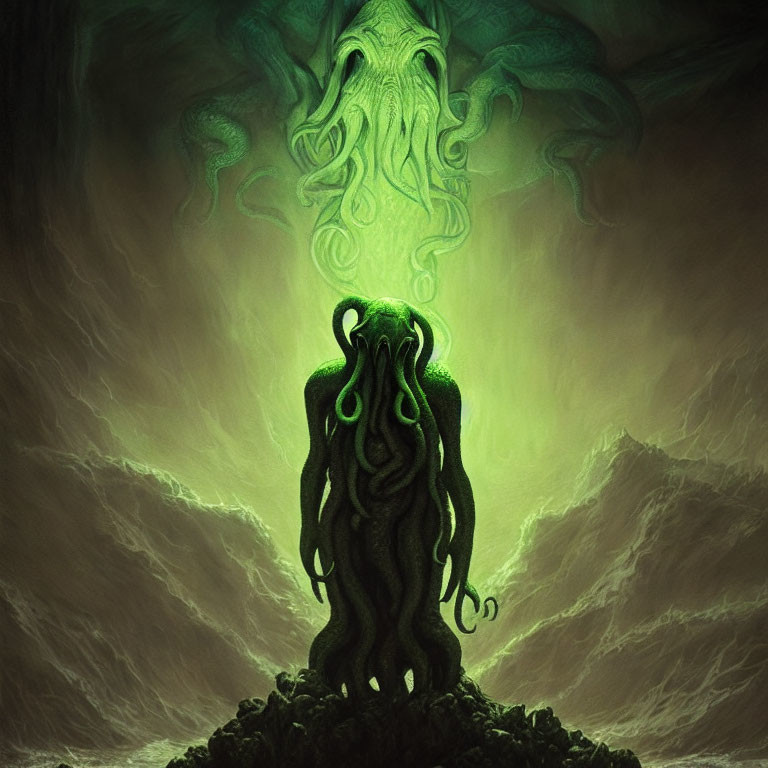Mystical green entity with tentacle-like appendages on shadowy cliffs