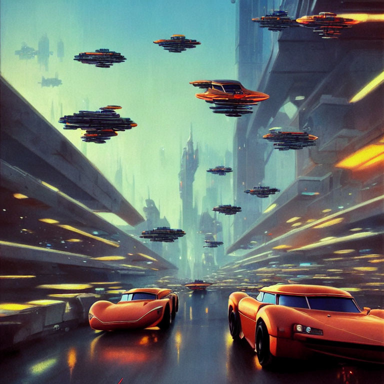 Futuristic cityscape with floating vehicles and sleek cars in warm light