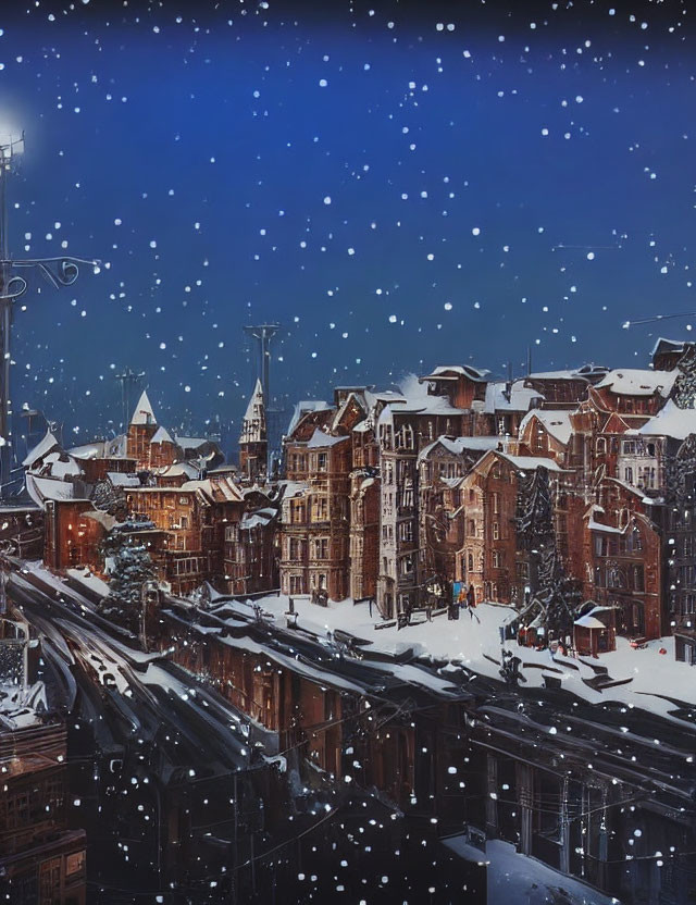 Snow-covered European town at night with historic buildings and street lamps under gentle snowfall