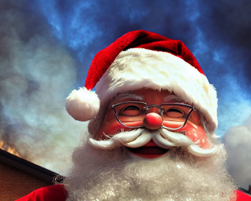 Santa Claus Costume with White Beard, Red Hat, and Glasses on Blue Sky Background