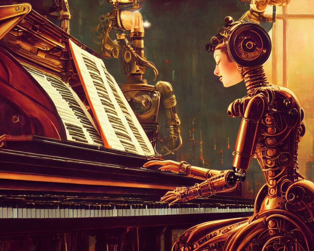 Steampunk-style robot playing grand piano in vintage setting