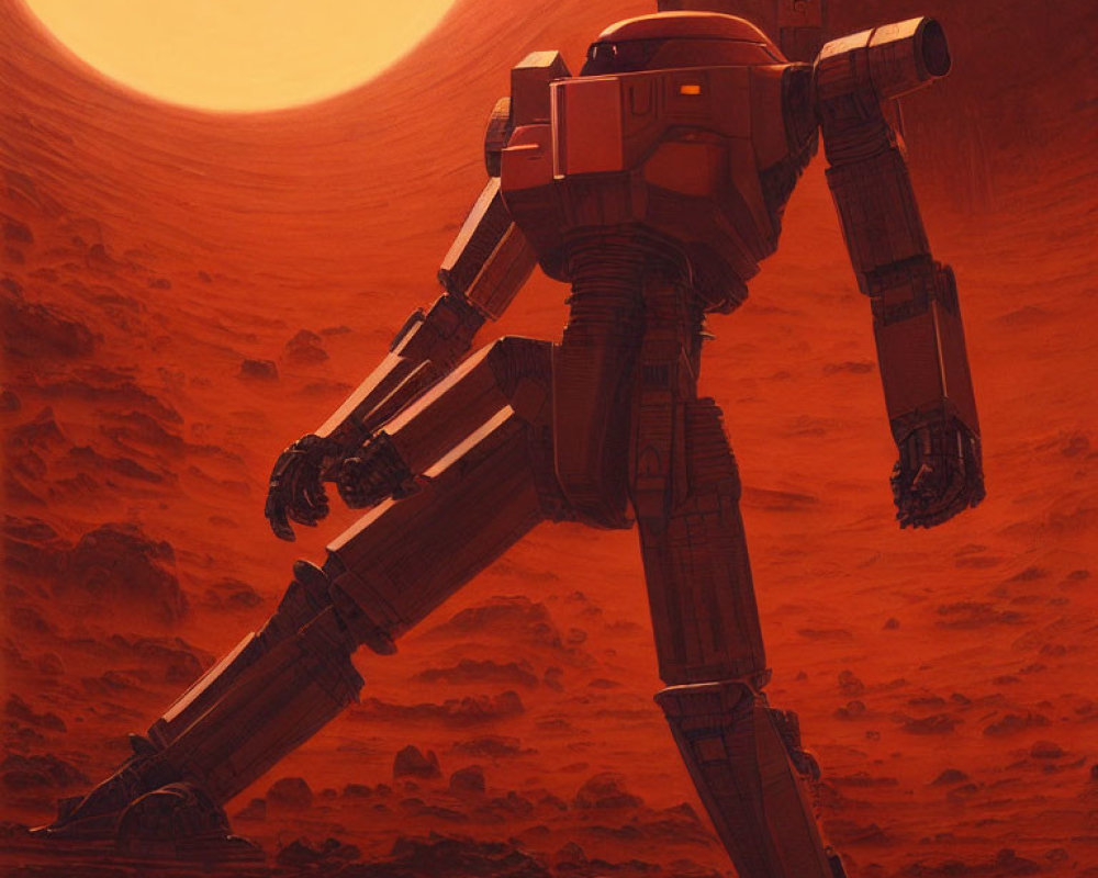 Giant robot walking on red Martian landscape under large sun