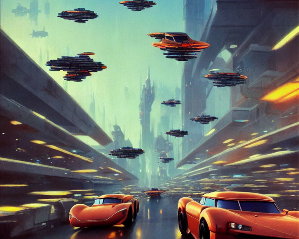 Futuristic cityscape with floating vehicles and sleek cars in warm light