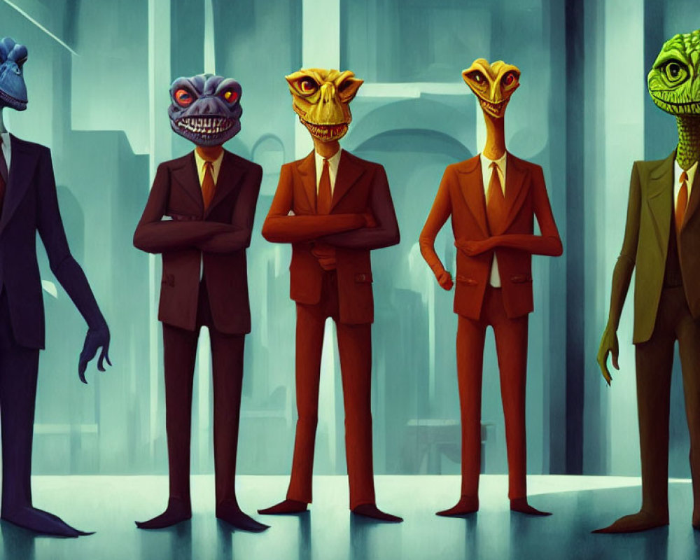 Stylized anthropomorphic lizards in suits exude coolness in dimly lit room