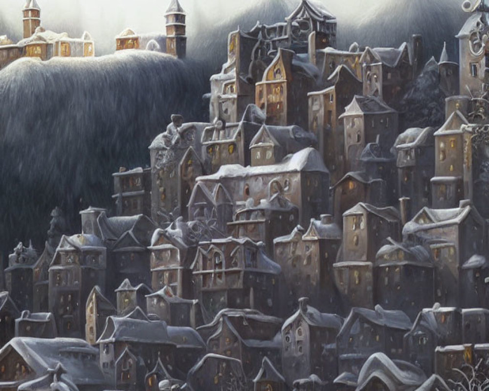 Snow-covered village nestled among hills at twilight