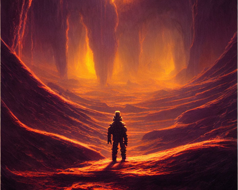 Astronaut in fiery cavern with lava and rocks