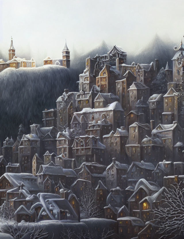 Snow-covered village nestled among hills at twilight