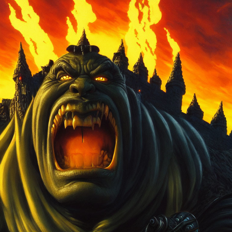 Menacing green-skinned fantasy character with tusks in front of burning castle under reddish sky