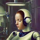 Serene humanoid robot in white headgear in futuristic laboratory