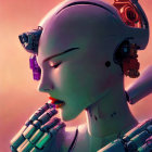 Robot with human-like features in thoughtful pose against warm backdrop