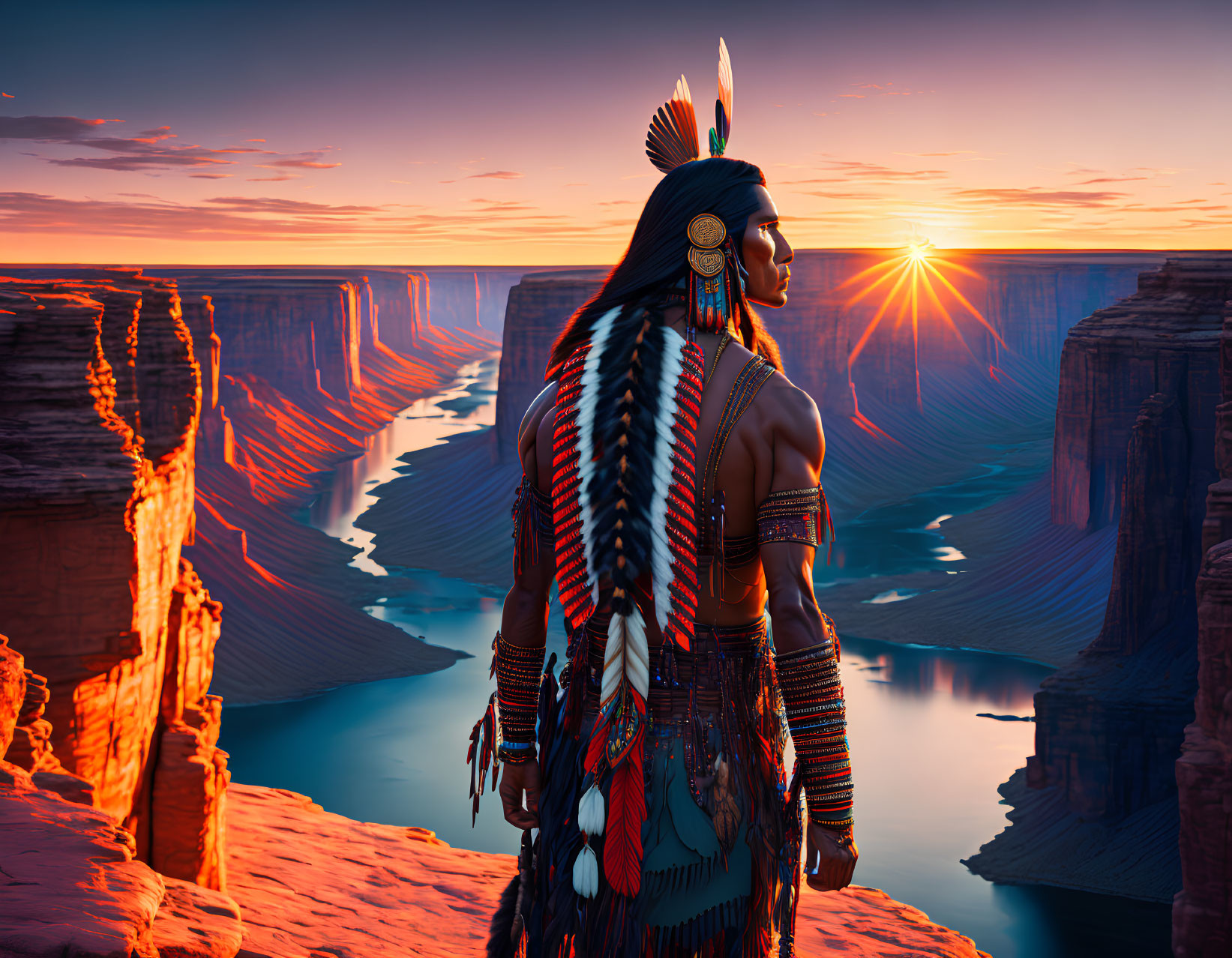 Native American Figure in Traditional Attire Overlooking Canyon at Sunset