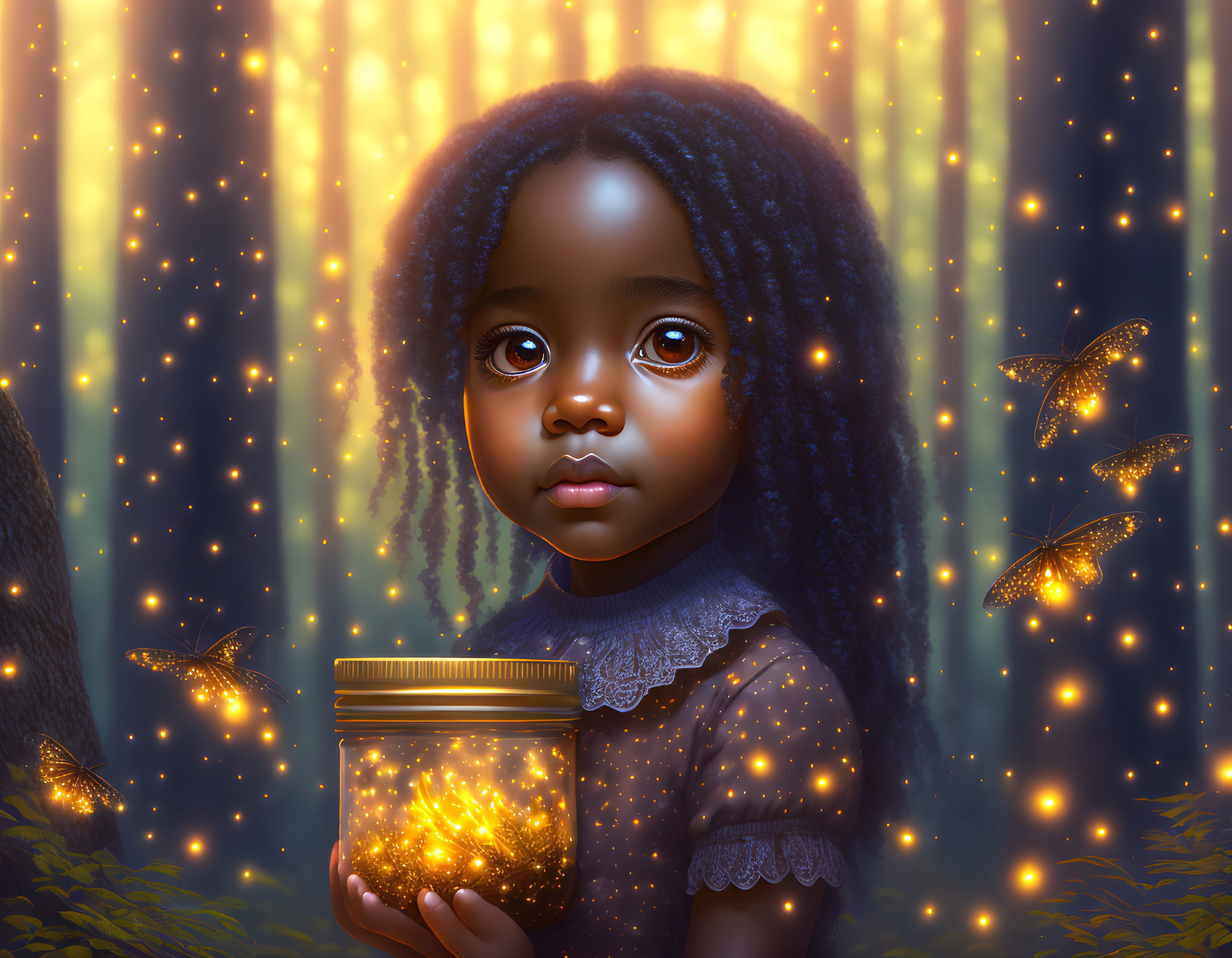 Young girl with big eyes holding a glowing jar in mystical setting.
