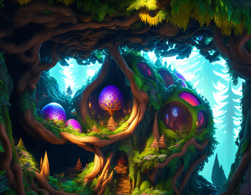 Enchanted forest with glowing orbs in hollow tree trunks